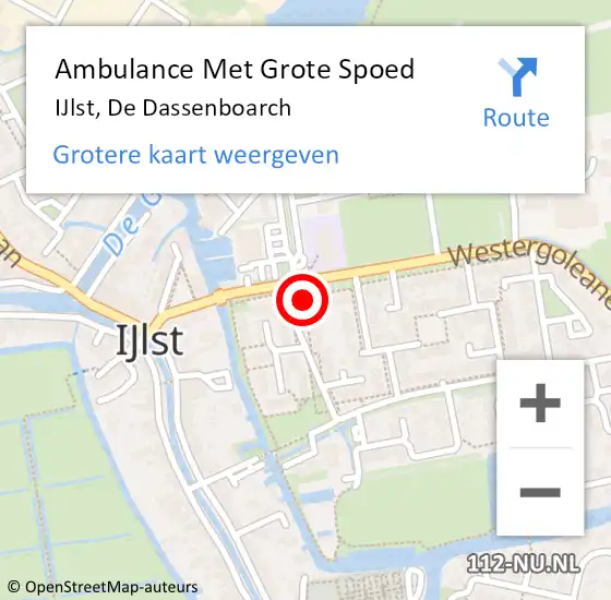 Locatie op kaart van de 112 melding: Ambulance Met Grote Spoed Naar IJlst, De Dassenboarch op 11 september 2015 07:46