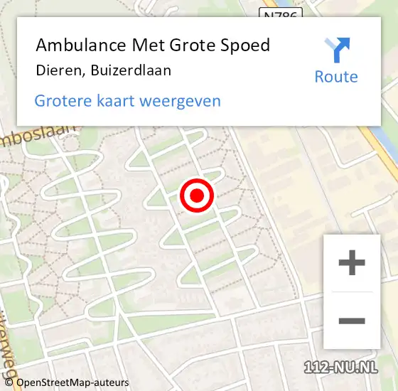 Locatie op kaart van de 112 melding: Ambulance Met Grote Spoed Naar Dieren, Buizerdlaan op 11 september 2015 08:16