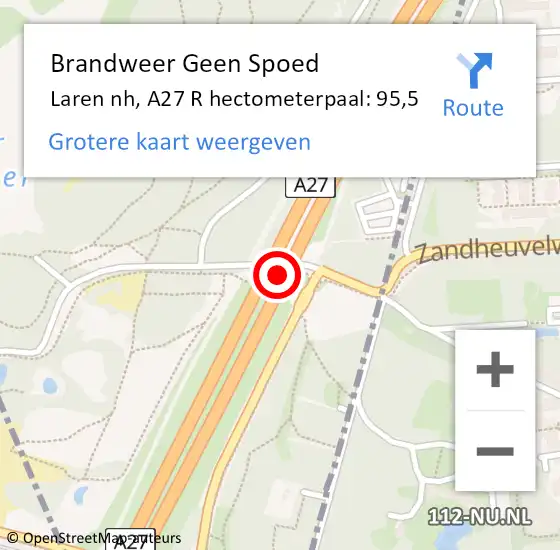 Locatie op kaart van de 112 melding: Brandweer Geen Spoed Naar Laren nh, A27 R hectometerpaal: 95,5 op 11 september 2015 08:17