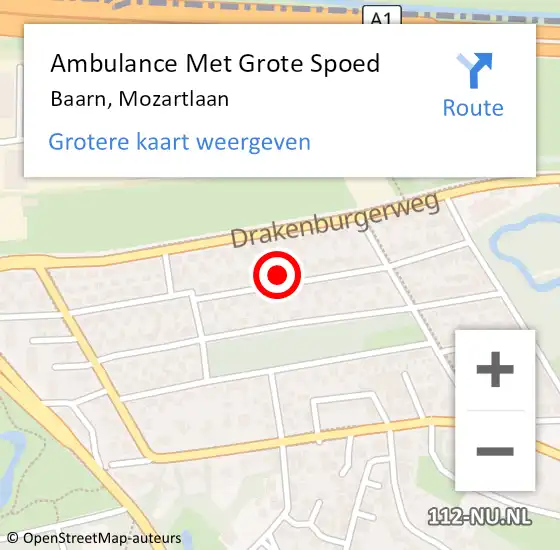 Locatie op kaart van de 112 melding: Ambulance Met Grote Spoed Naar Baarn, Mozartlaan op 11 september 2015 19:53