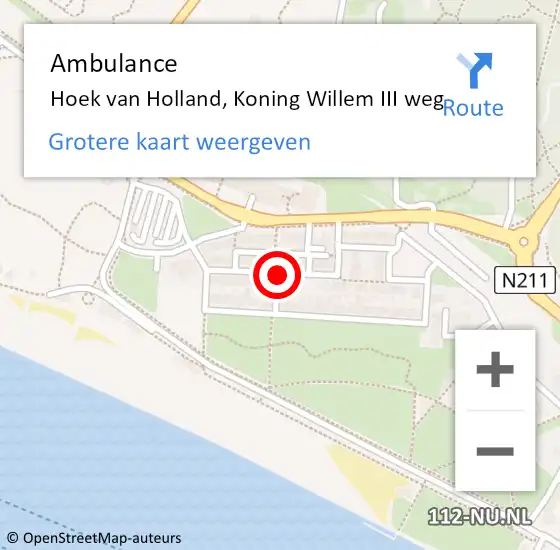 Locatie op kaart van de 112 melding: Ambulance Hoek van Holland, Koning Willem III weg op 12 september 2015 00:09