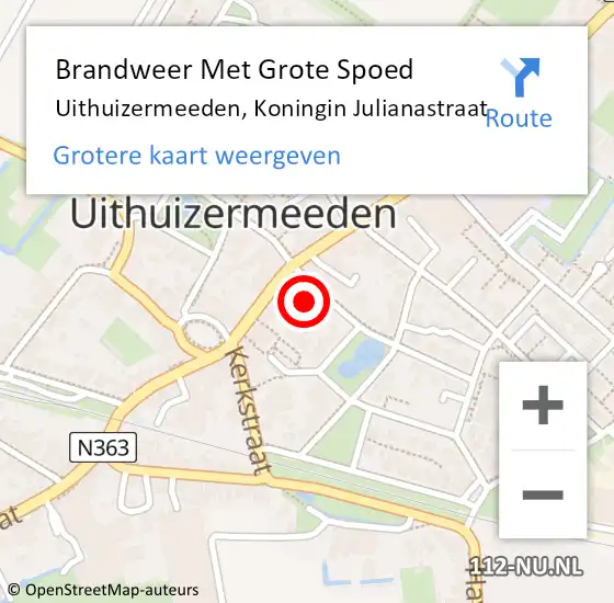 Locatie op kaart van de 112 melding: Brandweer Met Grote Spoed Naar Uithuizermeeden, Koningin Julianastraat op 20 november 2013 09:42