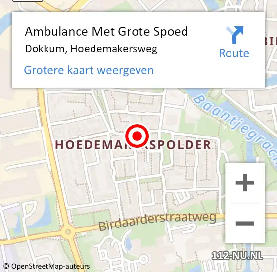 Locatie op kaart van de 112 melding: Ambulance Met Grote Spoed Naar Dokkum, Hoedemakersweg op 12 september 2015 08:22