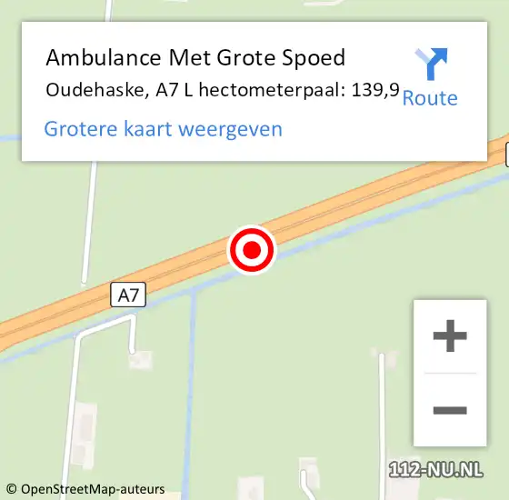 Locatie op kaart van de 112 melding: Ambulance Met Grote Spoed Naar Oudehaske, A7 L hectometerpaal: 139,9 op 12 september 2015 12:08