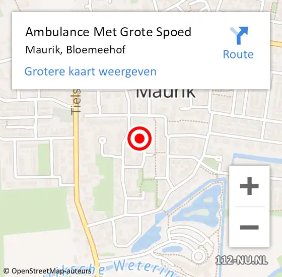 Locatie op kaart van de 112 melding: Ambulance Met Grote Spoed Naar Maurik, Bloemeehof op 13 september 2015 08:53