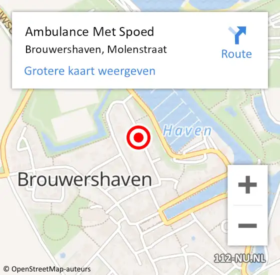 Locatie op kaart van de 112 melding: Ambulance Met Spoed Naar Brouwershaven, Molenstraat op 13 september 2015 20:31