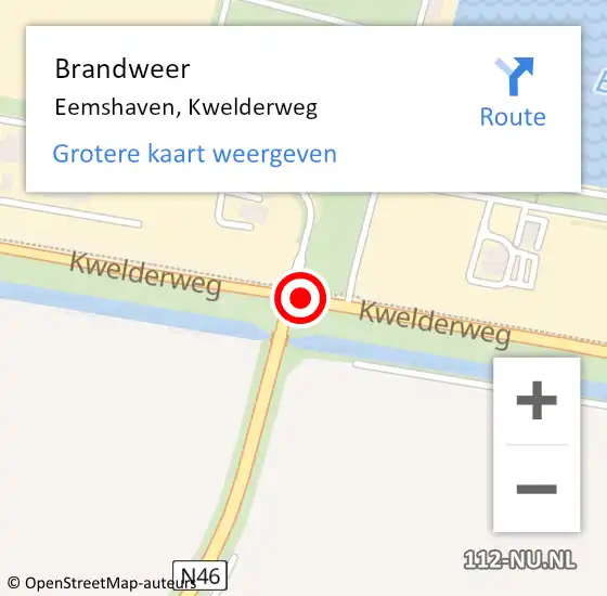 Locatie op kaart van de 112 melding: Brandweer Eemshaven, Kwelderweg op 14 september 2015 06:47