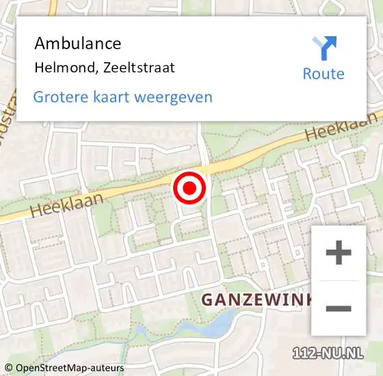 Locatie op kaart van de 112 melding: Ambulance Helmond, Zeeltstraat op 14 september 2015 15:12