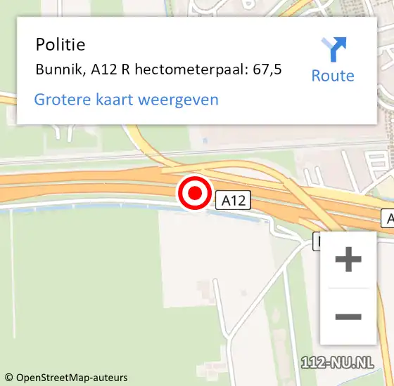 Locatie op kaart van de 112 melding: Politie Bunnik, A12 R hectometerpaal: 67,5 op 16 september 2015 18:05