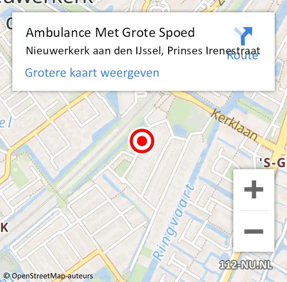 Locatie op kaart van de 112 melding: Ambulance Met Grote Spoed Naar Nieuwerkerk aan den IJssel, Prinses Irenestraat op 16 september 2015 22:36