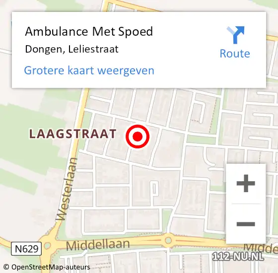 Locatie op kaart van de 112 melding: Ambulance Met Spoed Naar Dongen, Leliestraat op 17 september 2015 07:24