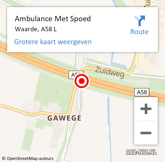 Locatie op kaart van de 112 melding: Ambulance Met Spoed Naar Waarde, A58 L op 17 september 2015 11:11