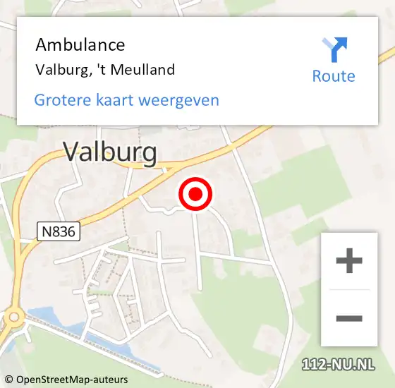 Locatie op kaart van de 112 melding: Ambulance Valburg, 't Meulland op 19 september 2015 11:44