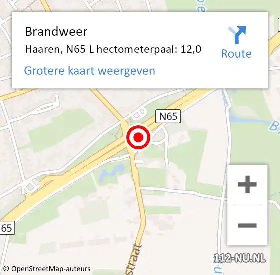 Locatie op kaart van de 112 melding: Brandweer Haaren, N65 L hectometerpaal: 12,0 op 21 september 2015 06:37