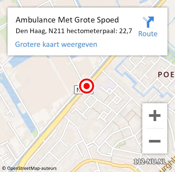 Locatie op kaart van de 112 melding: Ambulance Met Grote Spoed Naar Den Haag, N211 hectometerpaal: 22,4 op 22 september 2015 12:56