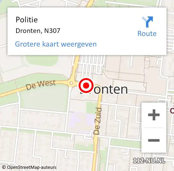 Locatie op kaart van de 112 melding: Politie Dronten, N307 op 21 november 2013 18:39