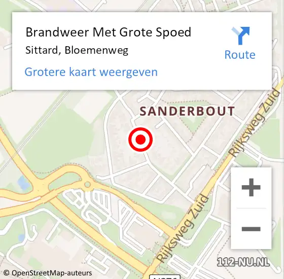 Locatie op kaart van de 112 melding: Brandweer Met Grote Spoed Naar Sittard, Bloemenweg op 29 september 2015 04:33