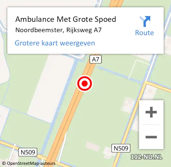 Locatie op kaart van de 112 melding: Ambulance Met Grote Spoed Naar Noordbeemster, Rijksweg A7 op 1 oktober 2015 14:06