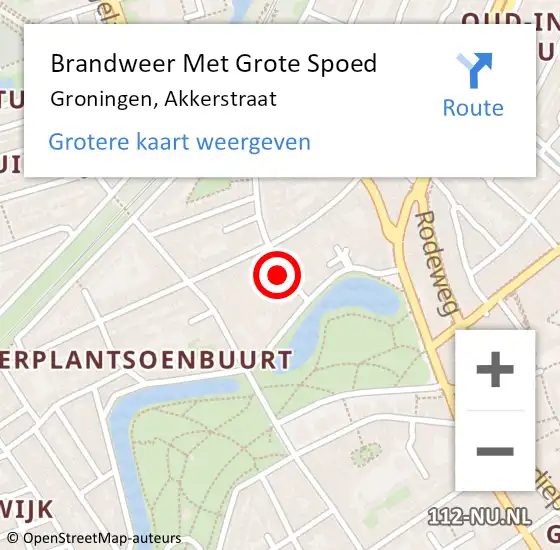 Locatie op kaart van de 112 melding: Brandweer Met Grote Spoed Naar Groningen, Akkerstraat op 1 oktober 2015 14:43