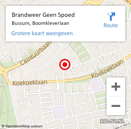 Locatie op kaart van de 112 melding: Brandweer Geen Spoed Naar Bussum, Boomkleverlaan op 2 oktober 2015 09:01