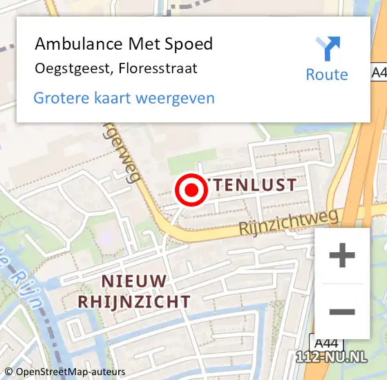 Locatie op kaart van de 112 melding: Ambulance Met Spoed Naar Oegstgeest, Floresstraat op 3 oktober 2015 04:05