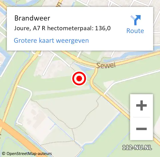 Locatie op kaart van de 112 melding: Brandweer Joure, A7 R hectometerpaal: 136,3 op 4 oktober 2015 20:09