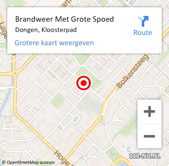 Locatie op kaart van de 112 melding: Brandweer Met Grote Spoed Naar Dongen, Kloosterpad op 5 oktober 2015 13:48