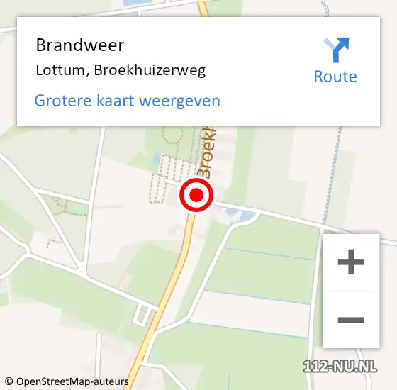 Locatie op kaart van de 112 melding: Brandweer Lottum, Broekhuizerweg op 5 oktober 2015 20:01