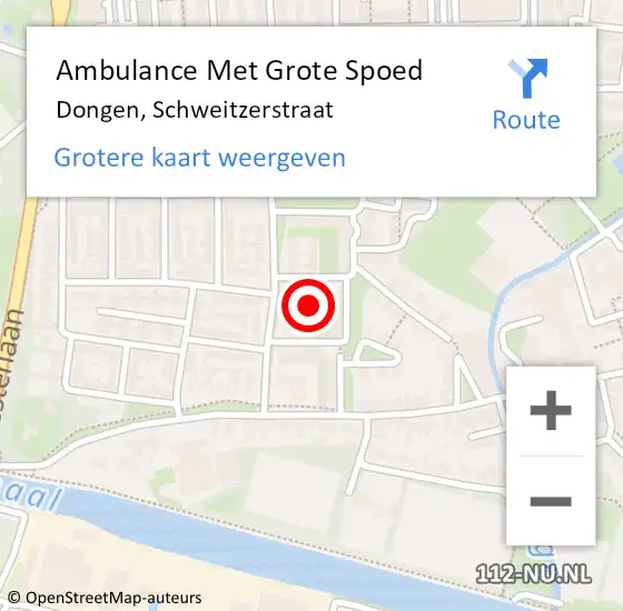 Locatie op kaart van de 112 melding: Ambulance Met Grote Spoed Naar Dongen, Schweitzerstraat op 6 oktober 2015 08:23