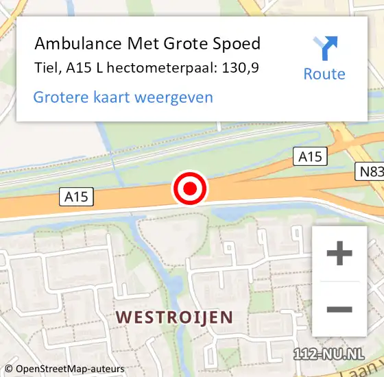 Locatie op kaart van de 112 melding: Ambulance Met Grote Spoed Naar Tiel, A15 R hectometerpaal: 123,2 op 6 oktober 2015 17:22