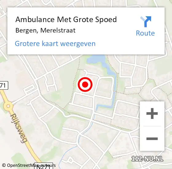 Locatie op kaart van de 112 melding: Ambulance Met Grote Spoed Naar Bergen, Merelstraat op 6 oktober 2015 19:38