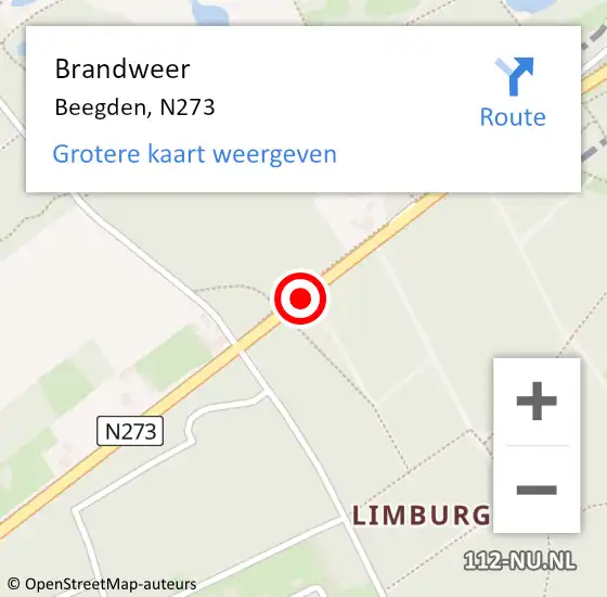 Locatie op kaart van de 112 melding: Brandweer Beegden, N273 op 7 oktober 2015 07:45