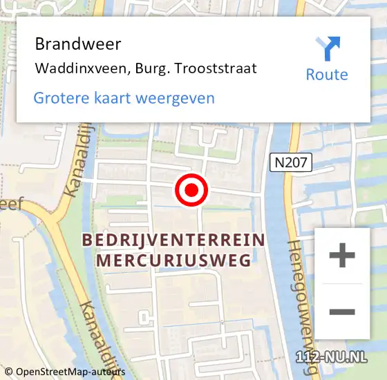 Locatie op kaart van de 112 melding: Brandweer Waddinxveen, Burg. Trooststraat op 9 oktober 2015 18:14