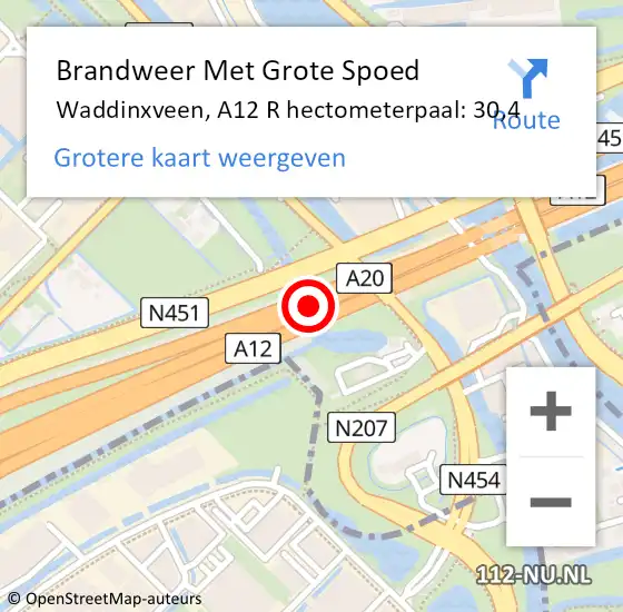 Locatie op kaart van de 112 melding: Brandweer Met Grote Spoed Naar Waddinxveen, A12 R hectometerpaal: 30,4 op 10 oktober 2015 00:23