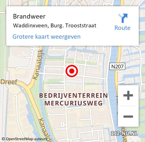 Locatie op kaart van de 112 melding: Brandweer Waddinxveen, Burg. Trooststraat op 10 oktober 2015 13:04