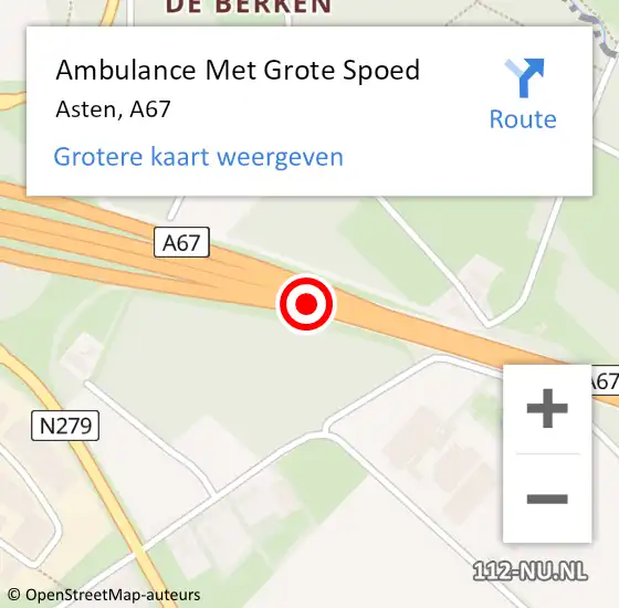 Locatie op kaart van de 112 melding: Ambulance Met Grote Spoed Naar Asten, A67 op 12 oktober 2015 08:22