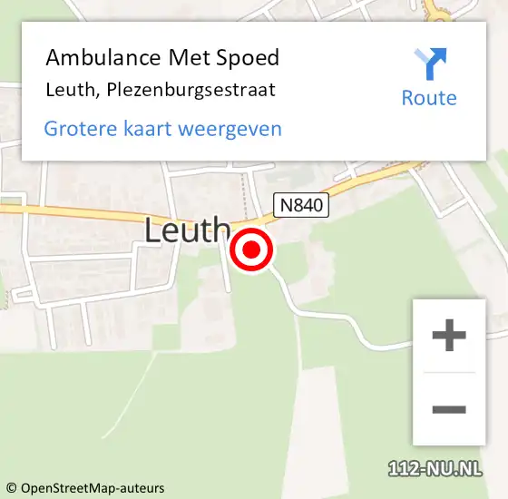 Locatie op kaart van de 112 melding: Ambulance Met Spoed Naar Leuth, Plezenburgsestraat op 12 oktober 2015 09:30