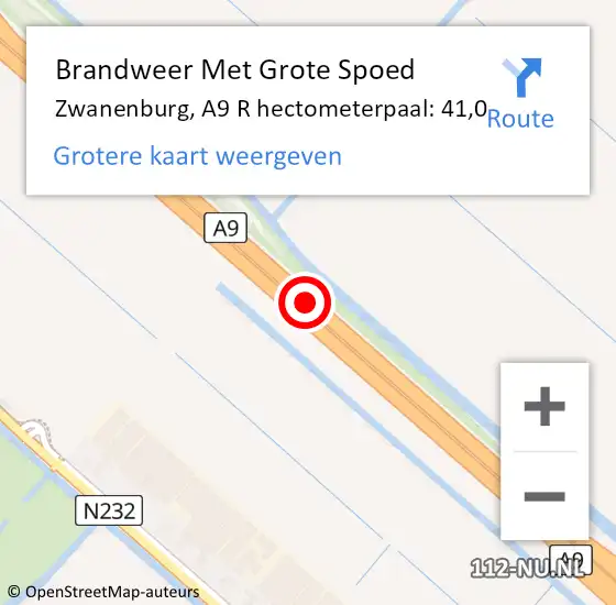 Locatie op kaart van de 112 melding: Brandweer Met Grote Spoed Naar Zwanenburg, A9 hectometerpaal: 40,5 op 12 oktober 2015 10:30