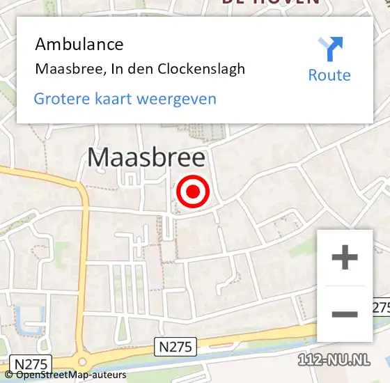 Locatie op kaart van de 112 melding: Ambulance Maasbree, In den Clockenslagh op 13 oktober 2015 16:02