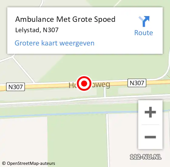 Locatie op kaart van de 112 melding: Ambulance Met Grote Spoed Naar Lelystad, N307 op 13 oktober 2015 18:03