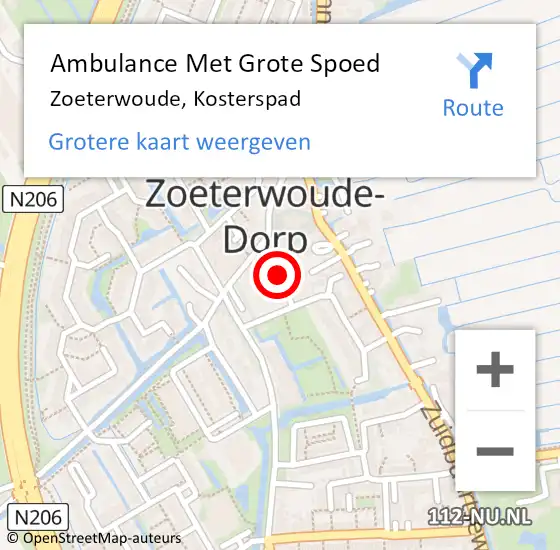 Locatie op kaart van de 112 melding: Ambulance Met Grote Spoed Naar Zoeterwoude, Kosterspad op 15 oktober 2015 05:02