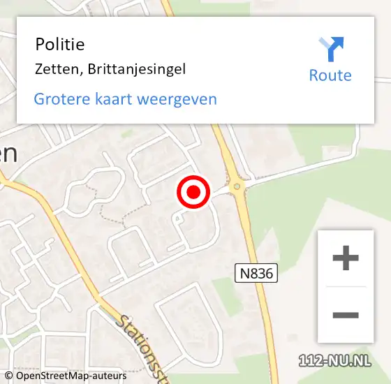 Locatie op kaart van de 112 melding: Politie Zetten, Brittanjesingel op 15 oktober 2015 15:48