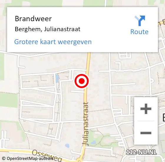 Locatie op kaart van de 112 melding: Brandweer Berghem, Julianastraat op 16 oktober 2015 00:21