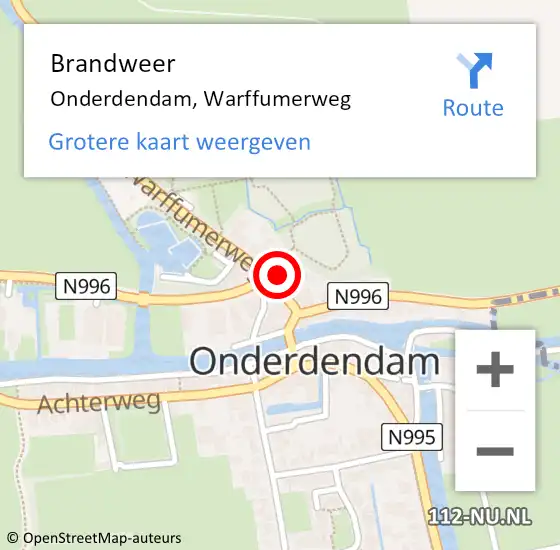 Locatie op kaart van de 112 melding: Brandweer Onderdendam, Warffumerweg op 16 oktober 2015 17:25