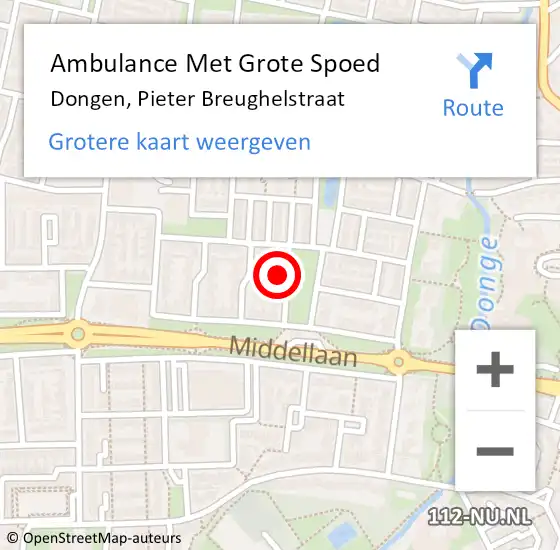 Locatie op kaart van de 112 melding: Ambulance Met Grote Spoed Naar Dongen, Pieter Breughelstraat op 18 oktober 2015 14:33