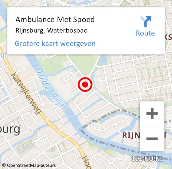 Locatie op kaart van de 112 melding: Ambulance Met Spoed Naar Rijnsburg, Waterbospad op 19 oktober 2015 16:04