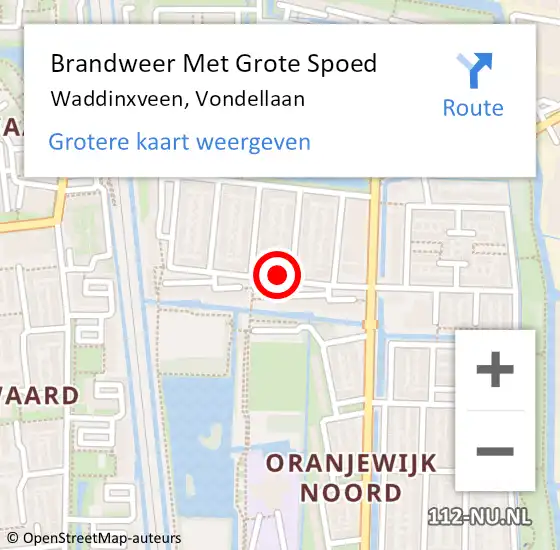 Locatie op kaart van de 112 melding: Brandweer Met Grote Spoed Naar Waddinxveen, Vondellaan op 20 oktober 2015 09:07