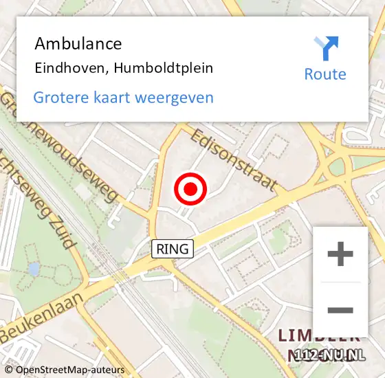 Locatie op kaart van de 112 melding: Ambulance Eindhoven, Humboldtplein op 20 oktober 2015 16:37