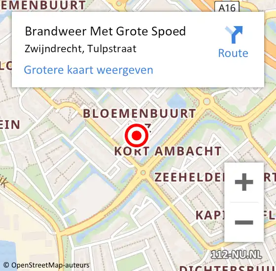 Locatie op kaart van de 112 melding: Brandweer Met Grote Spoed Naar Zwijndrecht, Tulpstraat op 22 oktober 2015 14:32