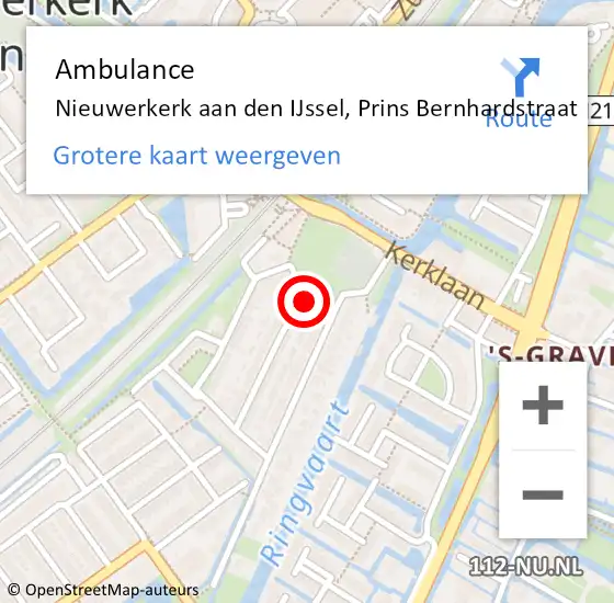 Locatie op kaart van de 112 melding: Ambulance Nieuwerkerk aan den IJssel, Prins Bernhardstraat op 23 oktober 2015 05:44